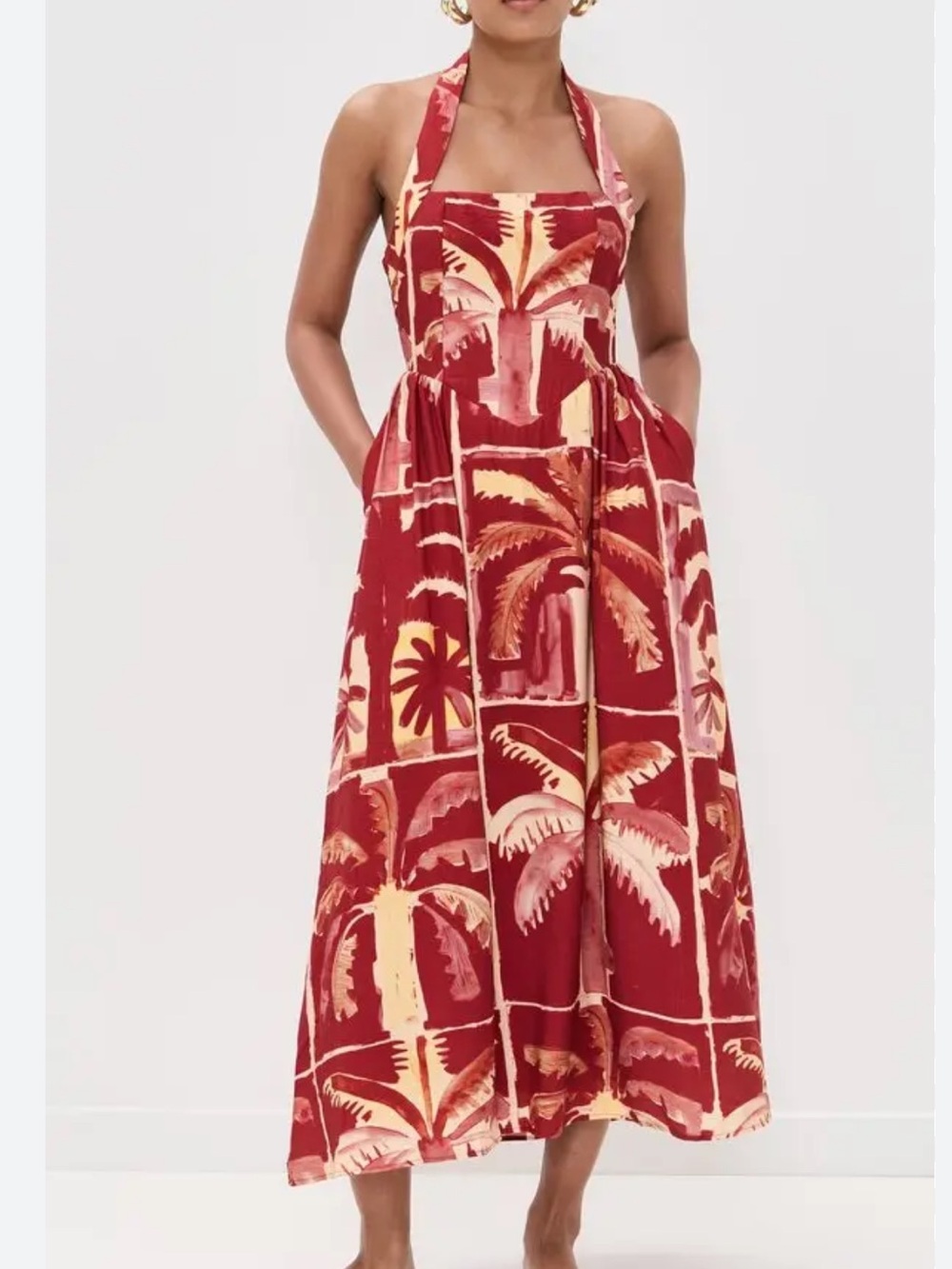 Halter Red Palm-Print Midi Dress